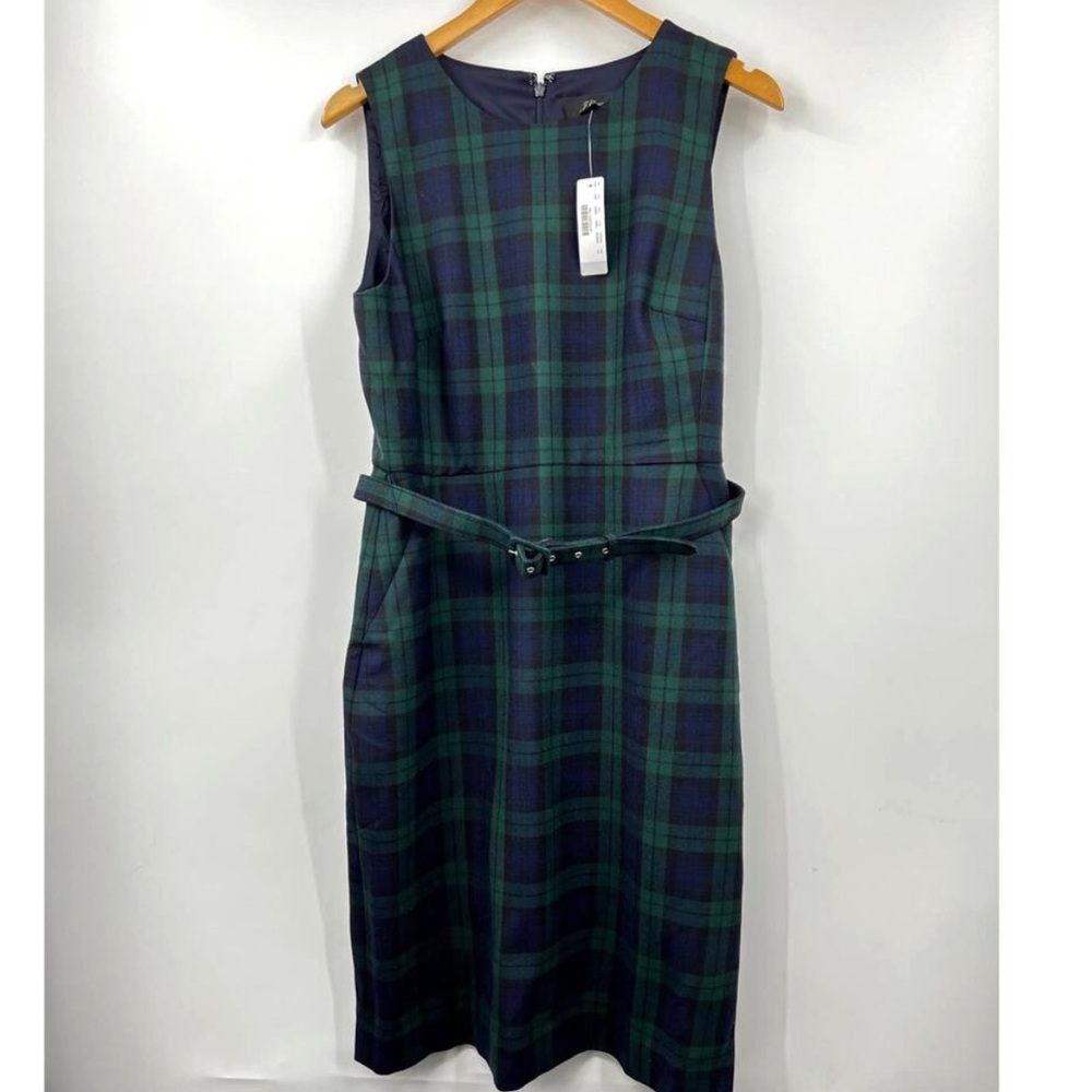 J. Crew Belted Sheath Dress in Black Watch Tartan Plaid Sleeveless Size 14 New
